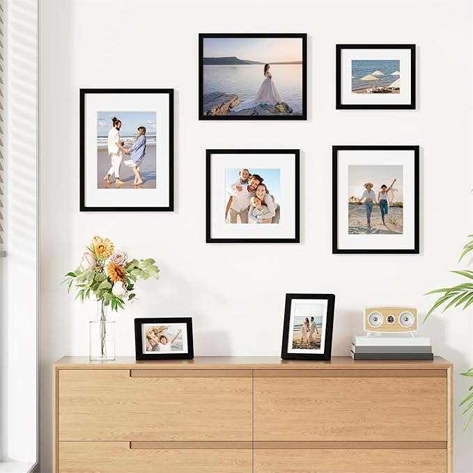 Vittanly 9x12 Picture Frames Set of 9, Shatter Resistant Plexiglass, Display 6x8 Pictures with Mat or 9x12 without Mat, Photo Frames for Wall or Tabletop, Engineered Wood, Black