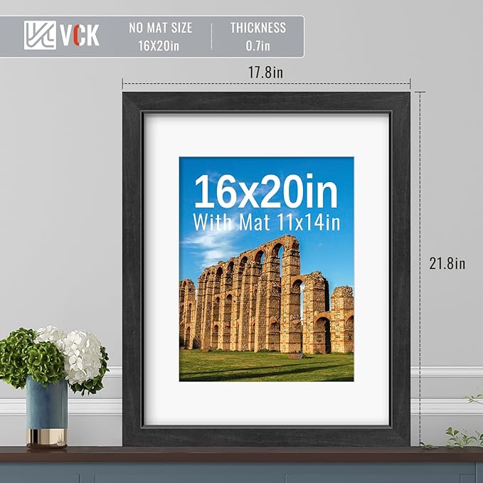 VCK 16x20 Picture Frames Black Set of 5, Wide Border Wood, Tempered Glass, Display 11x14 Photo with Mat or 16 x 20 without, for Home, Office, Gallery, Woodgrain Series, Wall Hanging