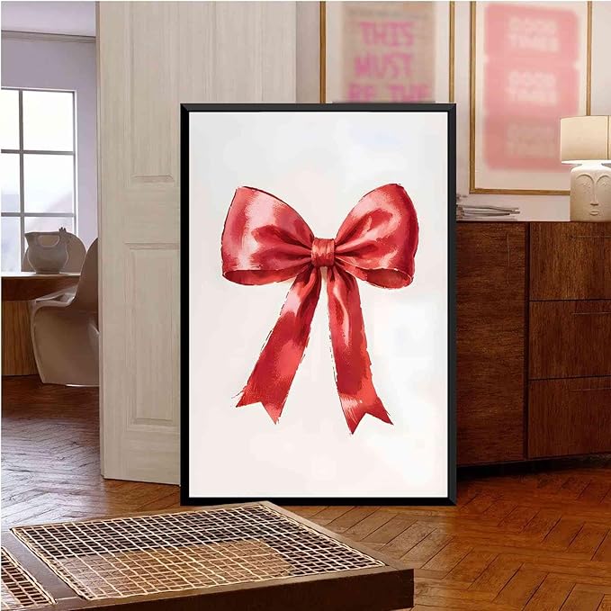 Framed Canvas Wall Art Vintage Red Christmas Bow Wall Art Winter Home Decor Red Bow Print Holiday Christmas Decor 8x12in Metal blackFramed