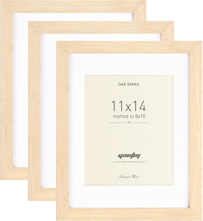 Yaetm 11x14 Oak Wood Picture Frame with Mat for 8x10 Set of 3, Wide Molding, Natural Solid Wood Frame 11x14 with Tempered Glass for Wall Mount (3 pack, Oak)