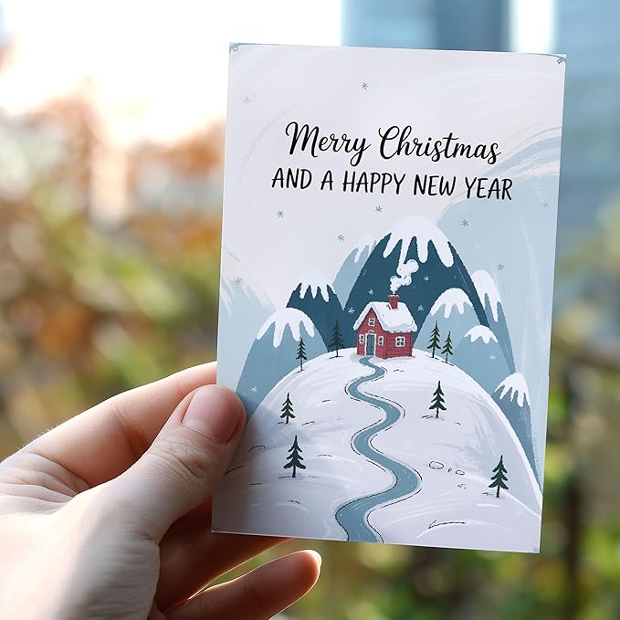 (5.3x8in) Merry Christmas and a Happy New Year Card, Cozy Winter Cabin in Snowy Mountain Design, Classic Holiday Greeting for Family, Friends, Coworkers, or Neighbors Card with Envelope (Xmas New)