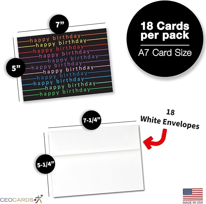 Happy Birthday Cards Bulk Greeting Card Set (Colorful Day) 18 Pack & White Envelopes - 5x7 Inch Birthday Theme for Family, Women, Men, Coworkers & Office (B2406)