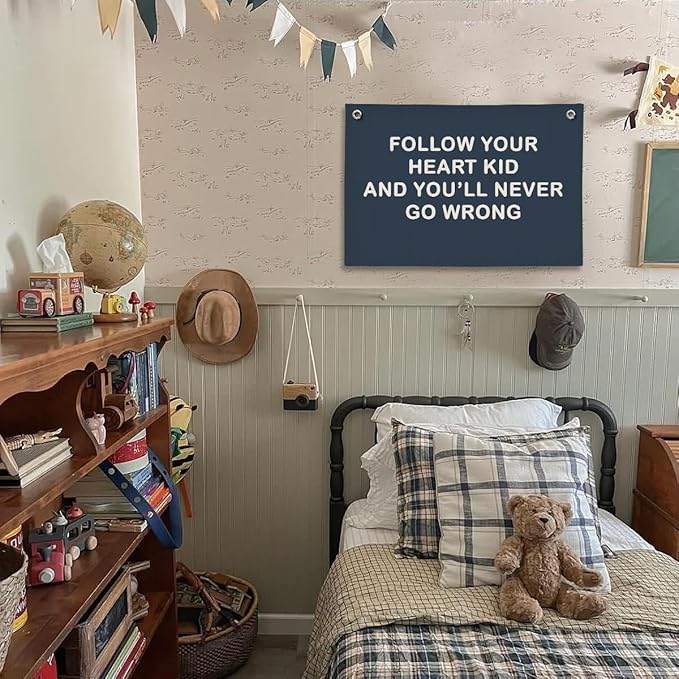 Boy Nursery Decor, Inspirational Wall Decor Hanging Linen Banner, Navy Blue Motivational Wall Flag for Kids Boys Room Playroom Nursery Decor, 20x30 Inch