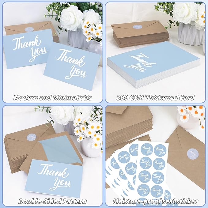 600 Pcs Light Blue Thank You Cards Bulk with Kraft Envelopes and Stickers 4x6 Inch Blank Thank You Notes Box Set Minimalistic Design for Business Wedding Baby Shower Graduation Bridal Shower Birthday