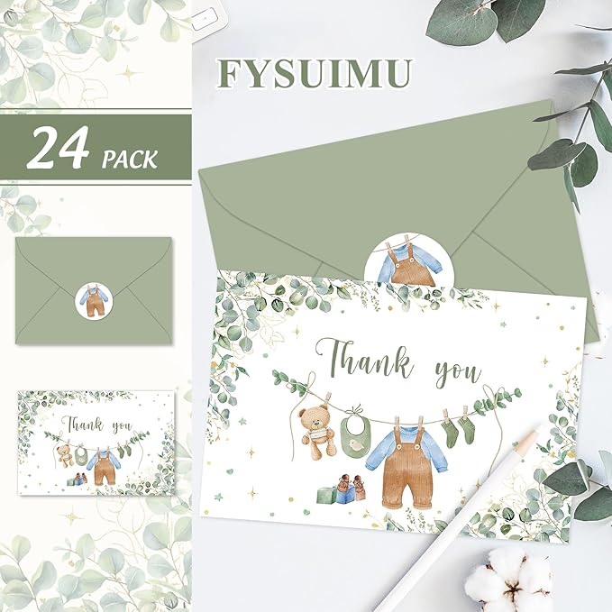 24 Pack Greenery Baby Shower Thank You Cards Bulk Eucalyptus Leaves Greeting Cards with Envelopes Stickers Blank Note Cards for Birthday Party Supplies, 4 x 6 Inch