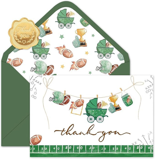 Whaline 24 Pack Football Baby Shower Thank You Cards Greeting Cards Sports Theme Blank Note Card with Envelopes Stickers for Birthday Gender Reveal, 4 x 6 Inch
