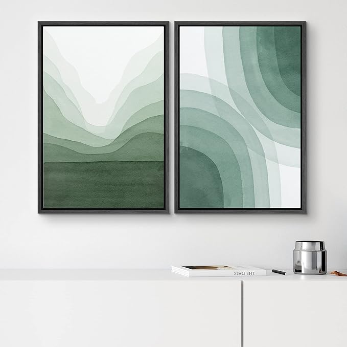 SIGNWIN Framed Canvas Print Wall Art Set Pastel Watercolor Green Wave Illusion Abstract Shapes Illustrations Modern Art Minimal Boho Colorful for Living Room, Bedroom, Office - 16"x24"x2 Black