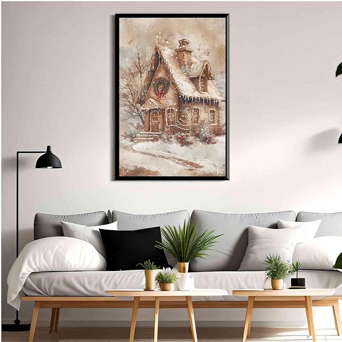 Framed Canvas Wall Art Home decor Winter Gingerbread House Traditional Christmas Print Festive Artwork Wall Decor canvas print poster 8x12in Metal blackFramed