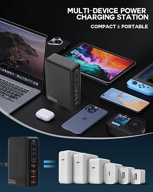 USB C Charger Block, 200W 8 Port USB C Charging Station, GaN Type C & A Charger Fast Charging Desktop Hub PD Block Laptop Adapter for Apple iPhone Air 17 16 15,iPad Pro/Air/Mini,MacBook Pro/Air,Galaxy