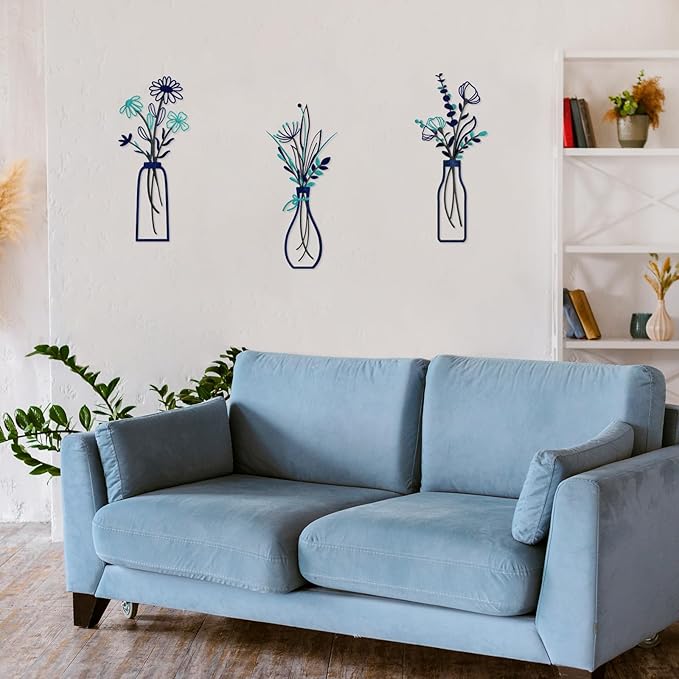 3 Pieces Metal Flowers Wall Arts - Rustic Farmhouse Style Décor Metal Wall Art Black Minimalist Flower Natural Themed Wall Decors for Home Bedroom Dining Room Housewarming (Blue)