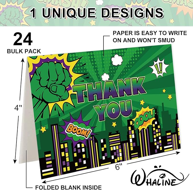 Whaline 24 Pack Green Super Hero Thank You Card Greeting Cards with Envelopes Stickers Cityscape Saying Bubble Blank Note Cards for Birthday Baby Shower Party Supplies