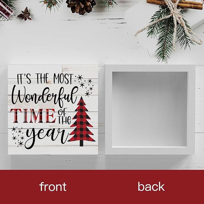 It's The Most Wonderful Time of The Year Wood Box Sign, Retro Farmhouse Christmas Santa Artwork Decor 5 x 5 Inches