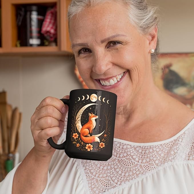Personalized Witchy Moon Cottagecore Aesthetic Floral Fox Women Girls Coffee Mug, Gift For Men, Women Ceramic Mug 11oz - 15oz