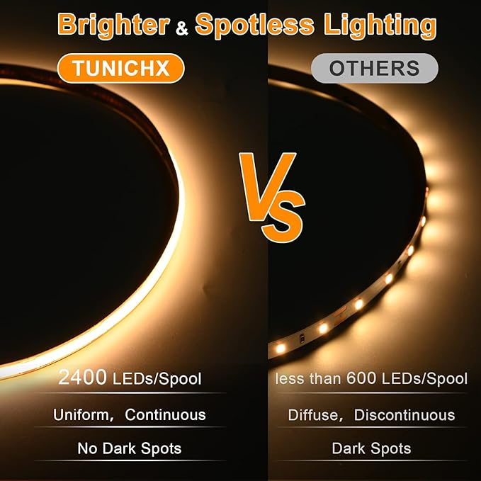 COB LED Strip Lights DC 12V LED Lights Flexible Super Bright LED Strips, 5Pack 16.4FT 3000K Warm White CRI 90+, 480LEDs/m High Density Uniform Light fo Home Room Decor (No Adapter or Controller)