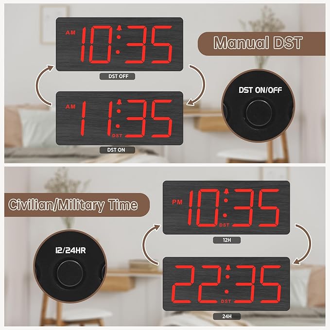 DreamSky Wooden Digital Alarm Clock for Bedroom - Desk Clocks for Living Room with Large Numbers, Loud Alarm for Heavy Sleepers with Volume Control, Dimmer, DST, Office Wood Decor (Plug in Clock)
