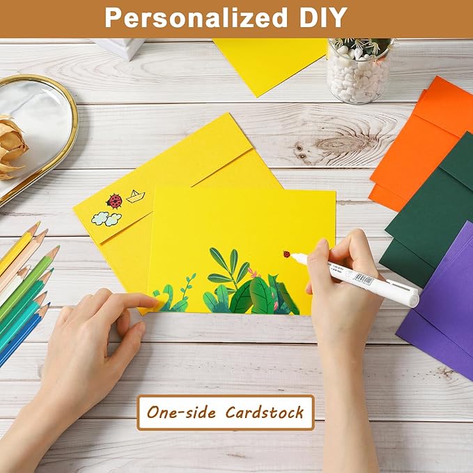 100 Packs 10 Assorted Colors Blank Cards and Envelopes 5 x 7 Heavyweight Single Panel Cardstock and A7 Envelopes Printable Self Seal for DIY Wedding Invitations, Thank You Cards, Baby Shower