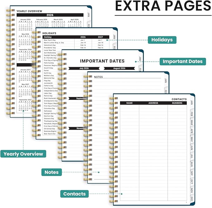 2026 Planner, Monthly and Weekly Calendar Planner for Women, Jan 2026 - Dec 2026, Hardcover Pretty 2026 Agenda Planner Book with Tabs, Spiral Bound, Perfect for School Office Home Supplies, 6.3" x 8.5" - Emerald Shores