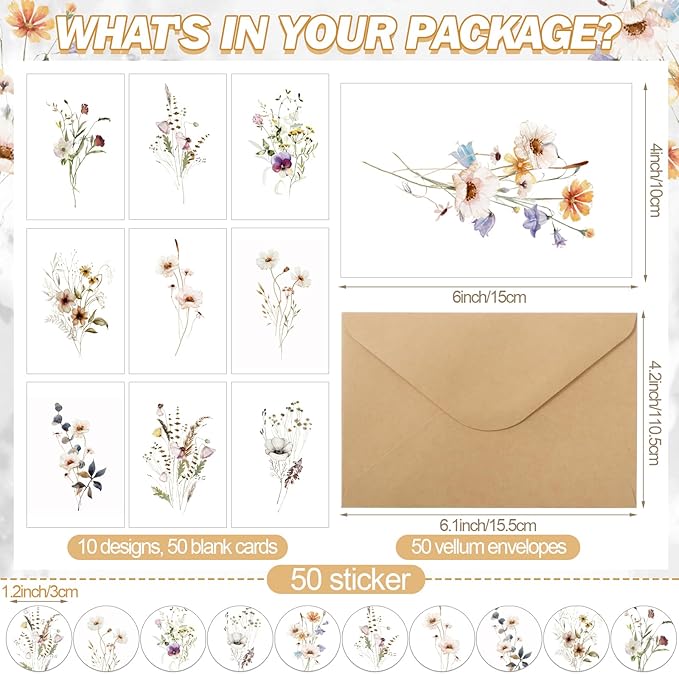 100 Pcs Blank Note Cards and Envelopes 4x6 Elegant Floral Design Blank Greeting Cards with Matching Peel-and-seal Stickers Plain Notecards Stationery for All Occasions, 10 Designs
