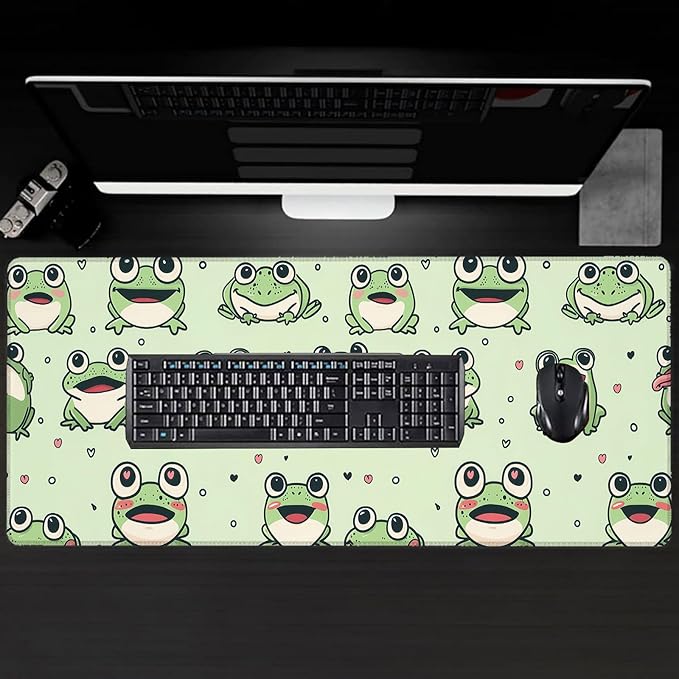 Cute Cartoon Frog Large Gaming Desk Mat,Rubber Non-Slip Adorable Fun Green Mouse Pad,31.5x11.8x0.12in Extended Animal Mousepad,Game Lover Mice Pads Gifts,Office Home Deskmat Decor