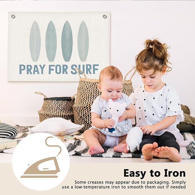 Coastal Beach Surf Kids Room Decor - Linen Banner Wall Hanging Canvas Banner Flag Decor for Kids Toddler Bedroom Nursery Playroom
