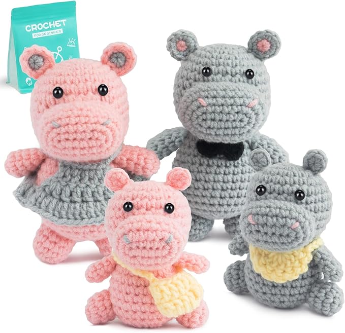 POP COCHE Crochet Kit for Beginners, Crochet Starter Kits for Adults, Amigurumi Craft Knitting Crochet Animal Kit with Step-by-Step Video Tutorials, Hippo Family (40%+ Yarn)