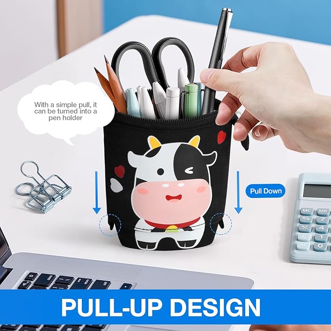 Cute Standing Pencil Case for Kids, Pop Up Pencil Box Makeup Pouch, Christmas Gift Kids Canvas Pen Holder Organizer Cosmetics Bag, Kawaii Stationary (Baby Cow)