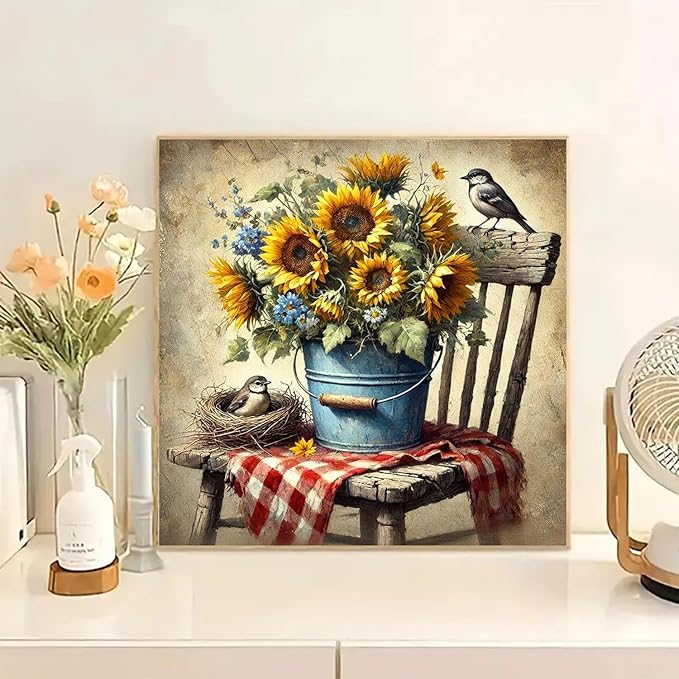 NWQZBYHT Sunflower Diamond Art Kits for Adults,Chair 5D Diamond Painting Kits for Beginner,DIY Round Full Drill Diamond Dots Painting Bird Gem Art for Adults Crafts Home Wall Decor 13.78x13.78 Inch
