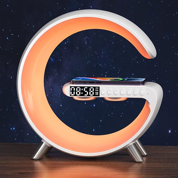 Smart LED Table Lamp, 4-in-1 Wireless Charger, Music Rhythm Ambient Night Light, Alarm Clock, and Bluetooth Speaker with App Control, G-Shaped Lamp for Bedroom, Office and Home Decor (White)