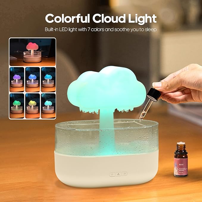 Rain Cloud Humidifier Water Drip, Mushroom Rain Lamp Waterfall, Aromatherapy Essential Oil Rain Diffuser, Raining Cloud Night Light with 7 Changing Colors for Sleeping