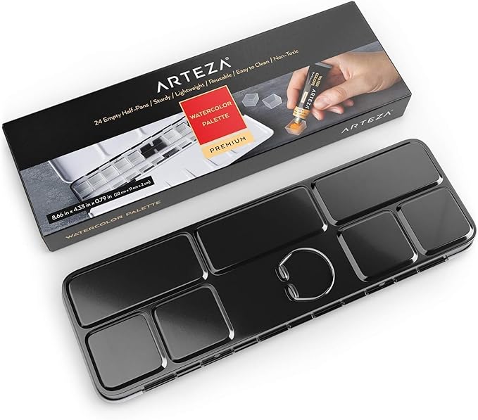 ARTEZA Empty Watercolor Palette Tin, 24 Half Pans, Customizable Portable Empty Half Pans for Watercolor Paints