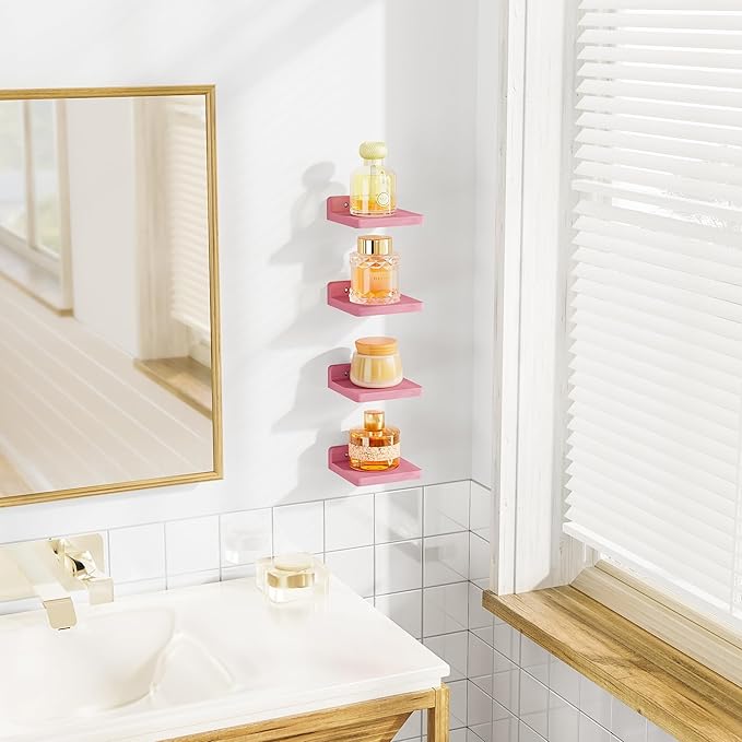 SRIWATANA Small Floating Shelves Wall Mounted, Wood Shelf for Decoration and Storage Set of 4, Mini Display Shelf for Bedroom, Bathroom, Kitchen, Office (Pink, 5 inch)