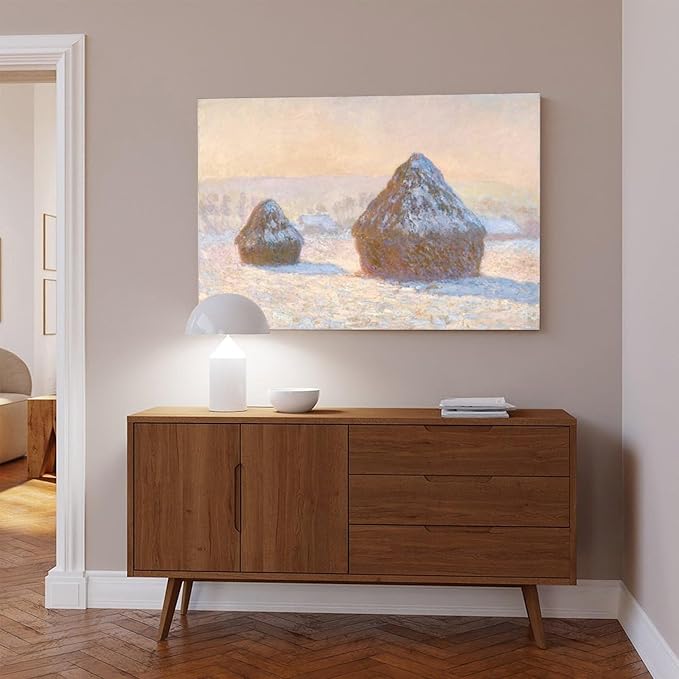 40+ Monet Famous Print Posters Wheatstacks, Snow Effect, Morning by Claude Monet Impressionism Canvas Poster Bedroom Decor Print Sports Landscape Office Room Decor Gift Frame 20×30inch(50×75cm)