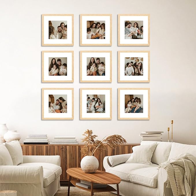 12x12 Picture Frame Set of 9, Photo Gallery Wall Frame Set, Display Pictures 8x8 with Mat or 12 x 12 Without Mat, Square Frame Picture Frames Collage Wall Decor, Natural Oak