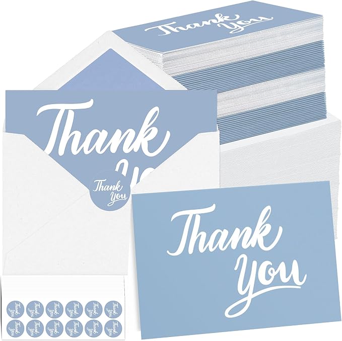 600 Pcs Blue Thank You Cards Bulk with White Envelopes and Stickers 4x6 Inch Blank Thank You Notes Box Set Minimalistic Design for Business Wedding Baby Shower Graduation Bridal Shower Funeral