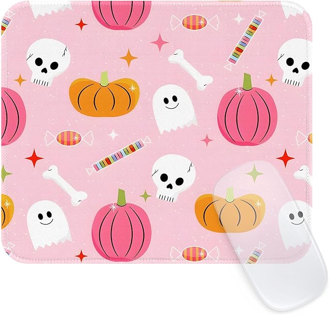 Seorsok Cute Fall Autumn Pumpkin Mouse Mat,Skeleton Skull Decor Mouse Pads for Office Laptop,Washable Square Mousepads with Extended Stitched Edges Non Slip Rubber Base 9.5"x7.8"x0.12" Inch,Pink