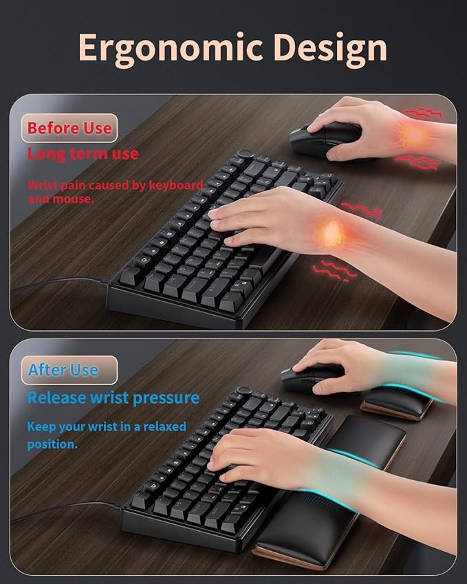 ASFSKY Keyboard and Mouse Wrist Rest Set – Ergonomic Wooden Wrist Support Pad with PU Leather & Memory Foam, Anti-Slip Rubber Base Wrist Cushion for Gaming, Office & Typing Pain Relief