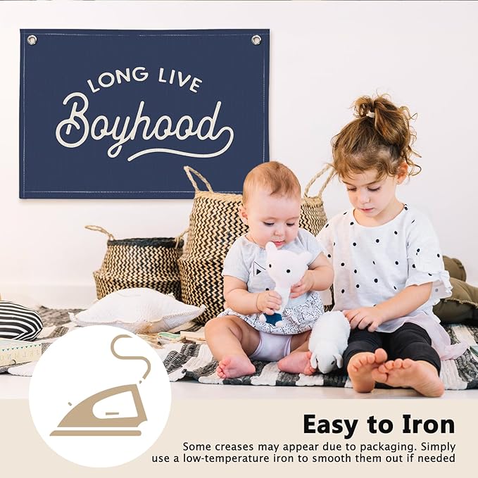 Navy Blue Long Live Boyhood Boys Room Decor - Linen Banner Wall Hanging Canvas Banner Flag Decor for Toddler Boy Bedroom Nursery Playroom
