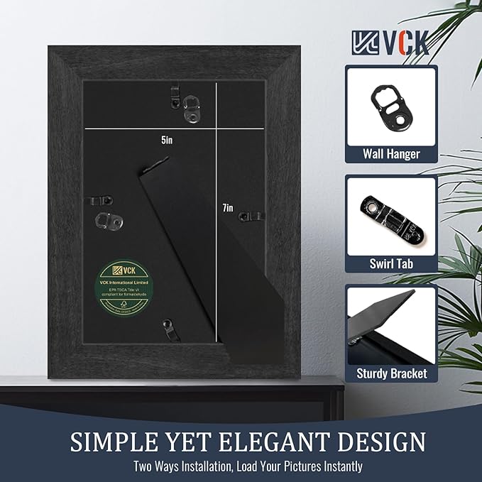 VCK 5x7 Picture Frames Black Set of 5, Wide Border Wood, Tempered Glass, Display 4x6 Photo with Mat or 5 x 7 without, for Home, Office, Gallery, Woodgrain Series, Tabletop & Wall Hanging