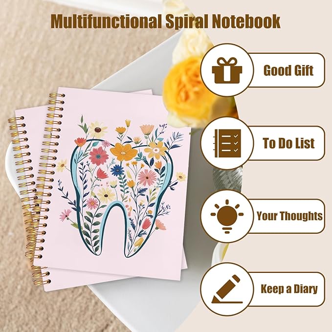WUCHJ Dentist Gifts Notebook Journal, Dental Assistant Office Gifts for Women, Pink Floral Tooth Dental Spiral Notebook Journal for Note Taking, Dentist Office Supplies, 5.5x8.3 Inch