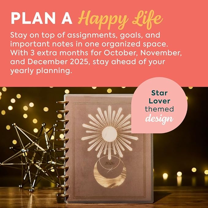 Happy Planner Disc-Bound Planner Jan.–Dec. 2026, Includes 3 Extra Months and 2 Sticker Sheets, Big Size, 8.5" x 11", Dashboard Layout, Star Lover