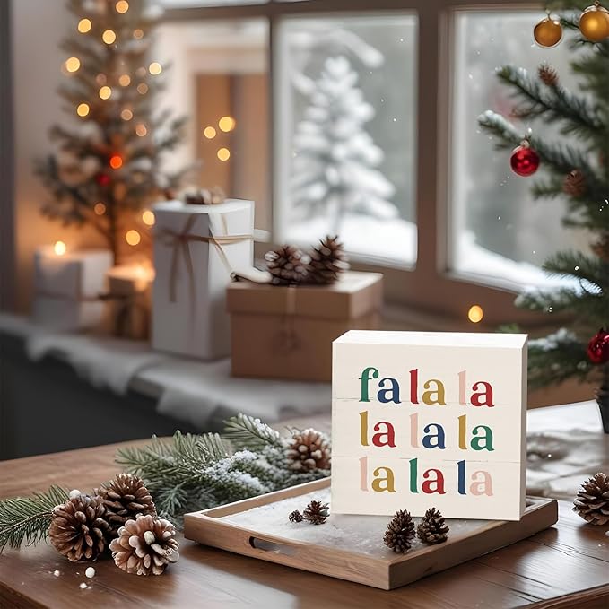 Merry Christmas Sign, Christmas Decoration Wooden Box Sign, Fa La La La Holiday Winter Decor for Table Home Bedroom Shelf Office Desk,Xmas Decorations 5x5