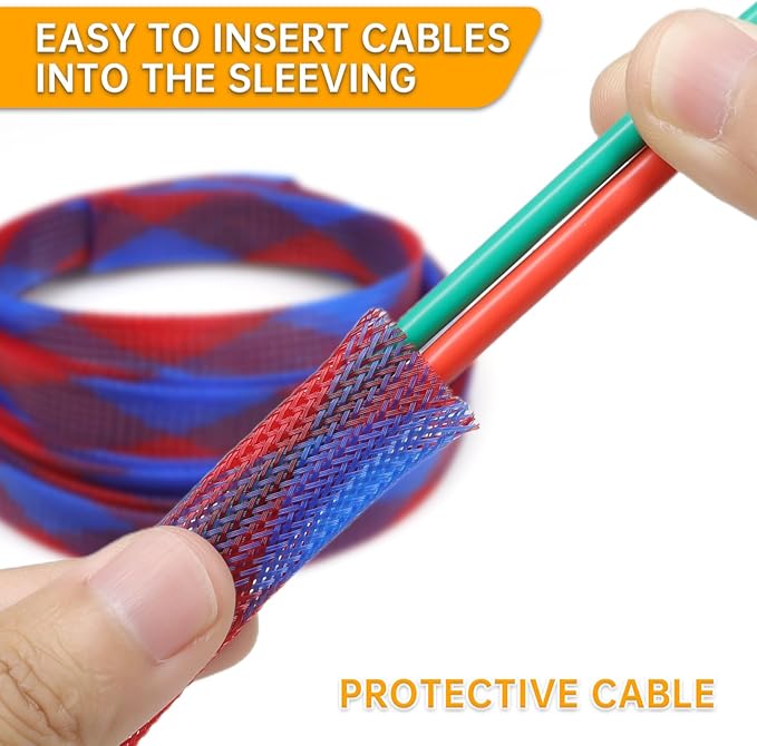 Braided Wire Loom Sleeve - Pet Proof Chew Resistant Cable Wrap, High Density Expandable Cable Sleeving for Automotive Wire Harness & PC Computer Case 16.4ft (Blue Red, 6mm (1/4"))