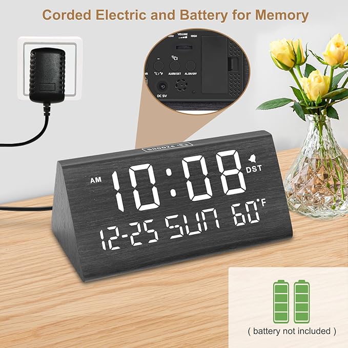 DreamSky Digital Alarm Clocks for Bedrooms - Wooden Desk Clock with Date, Day of Week, USB Port, Temperature, Dimmer for Bedside Table, Living Room, Office, Adjustable Volume, Auto DST, Wood Decor