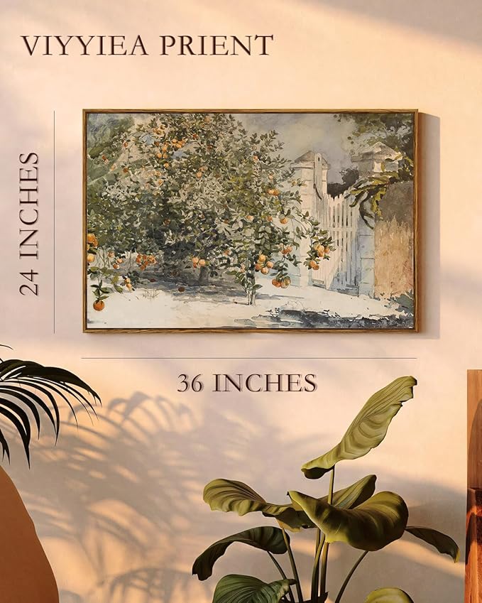 VIYYIEA Vintage Plant Large Framed Wall Art, Orange Trees and Gate Painting Decor Aesthetic, 24x36 Inch Canvas Print Artwork, Farmhouse Still Life Wall Pictures for Bedroom Living Room
