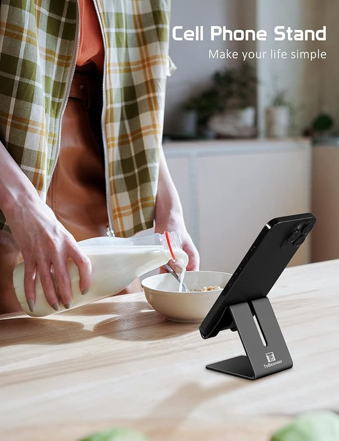 Phone Stand, Aluminum Phone Holder for iPhone 16 15 14 13 12 11 X 8 7 6 Plus 5, Tablet, Samsung, Huawei, Suitable for All Smartphones, Adding a Touch of Style to Your Office Decor, Black