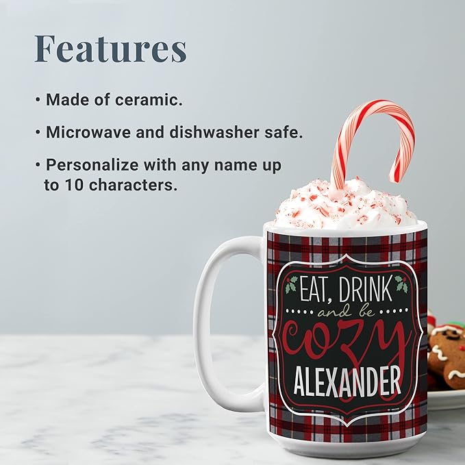 Let's Make Memories Personalized Coffee Mug - Christmas Holiday Stocking Stuffer - Customize Name - Holds 15 Oz. - Eat, Drink and Be Cozy