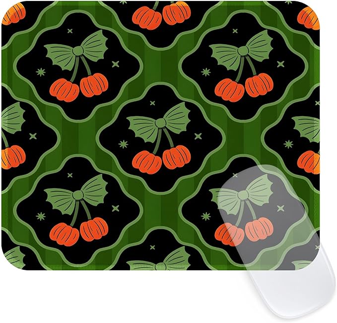 Seorsok Halloween Pumpkin Mouse Mat,Bow Ribbon Decor Mouse Pads for Office Laptop,Washable Square Cute Mousepads with Extended Stitched Edges Non Slip Rubber Base 9.5"x7.8"x0.12" Inch,Green