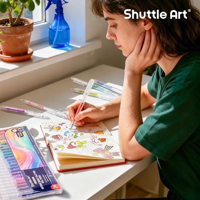Shuttle Art Glitter Gel Pens, 24 Vibrant Sparkle Retractable Glitter Colored Gel Pens Set 1.0mm Bold Point Smooth Writing for Adults Coloring Books Drawing Doodling Scrapbooking Journaling