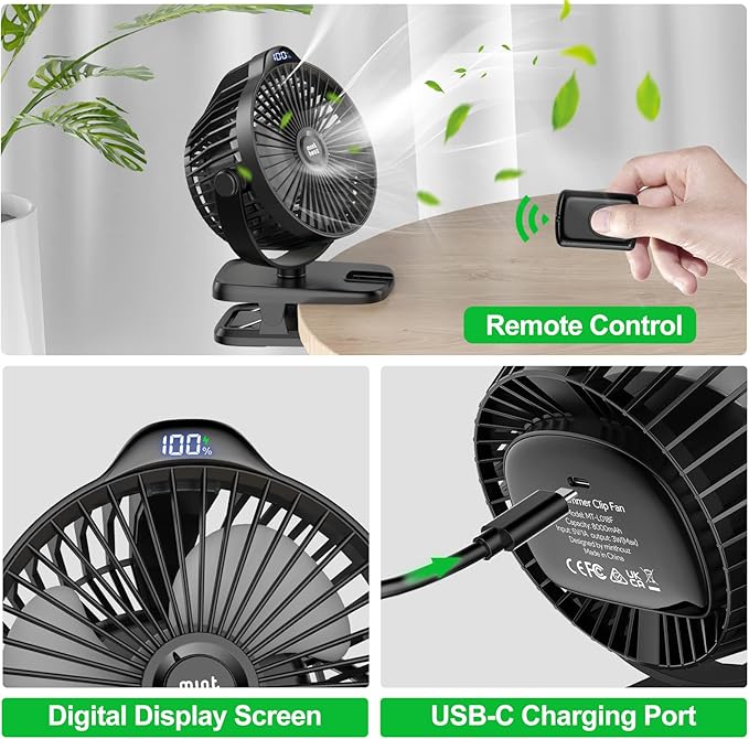 Minthouz Clip on Fan - 720° Rotation Portable Small Fan with LCD Digital Display, 8000mAh Low Noise Desk Fan for Outdoor Camping/Stroller/Home/Office