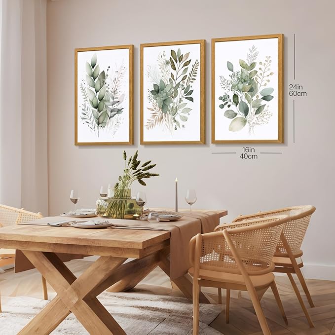 HLXRAE Watercolor Botanical Wall Art Set of 3, Neutral Sage Green Bathroom Wall Decor, Modern Floral Canvas Paintings, Minimalist Farmhouse Poster Prints for Bedroom Living Room Wood Framed 16x24 Inch